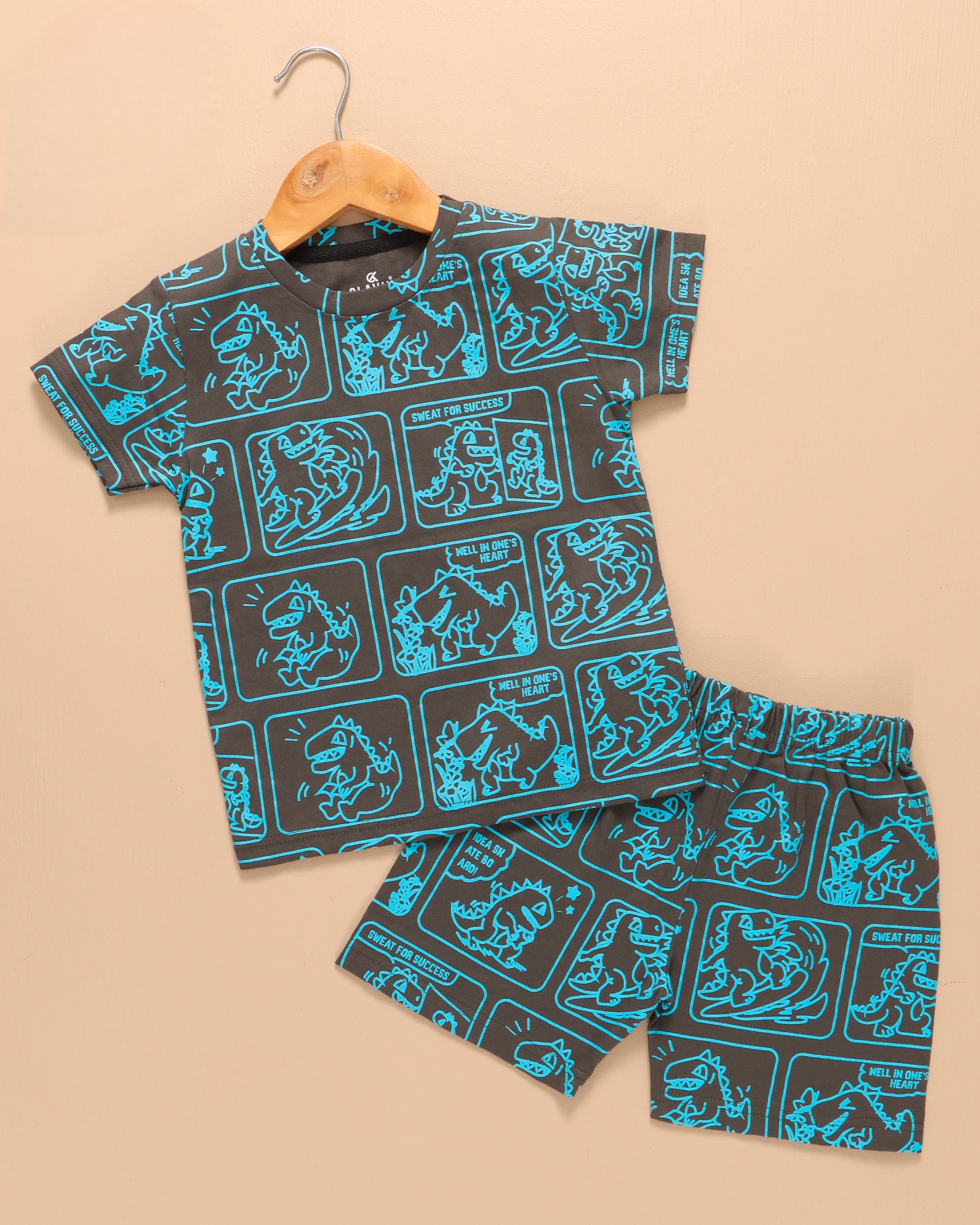Kids Unisex Pure Cotton T-Shirt & Shorts Set – Cartoon Dino Comic Print (Grey & Blue)