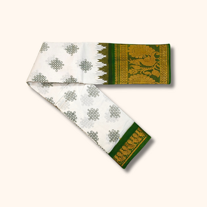 White & Green Peacock Floral Border Kolam Sungudi Cotton Saree