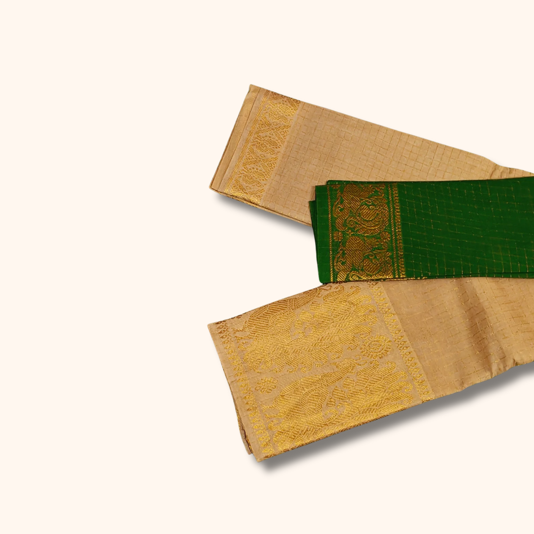 Beige Sungudi Cotton Saree with Gold Zari Peacock Border & Bottle Green Blouse