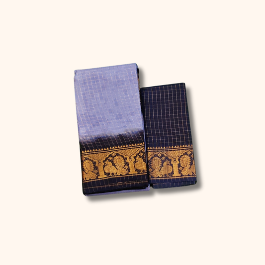 Lavender Thread Work Sungudi Cotton Saree with Peacock Zari Border