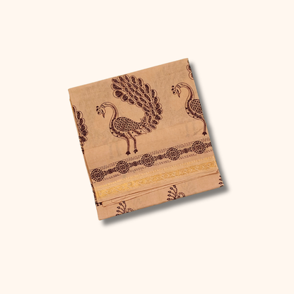 Beige Peacock Print Sungudi Cotton Saree with Gold Zari Border