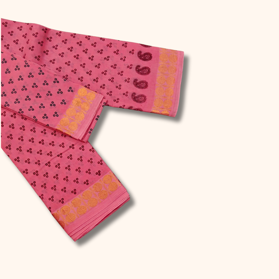 Pink Printed Cotton Saree with Contrast Border & Matching Blouse Piece