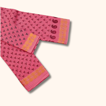 Pink Printed Cotton Saree with Contrast Border & Matching Blouse Piece