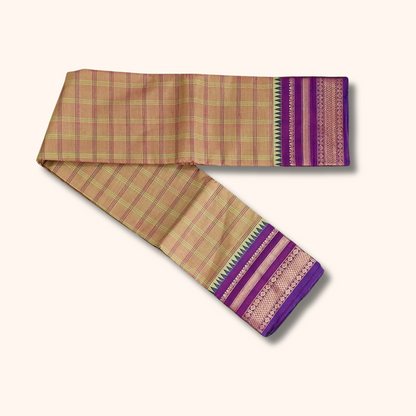 Beige Checked Chettinad Cotton Saree with Purple Zari Border