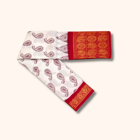 Off White Sungudi Cotton Saree with Red Elephant Border