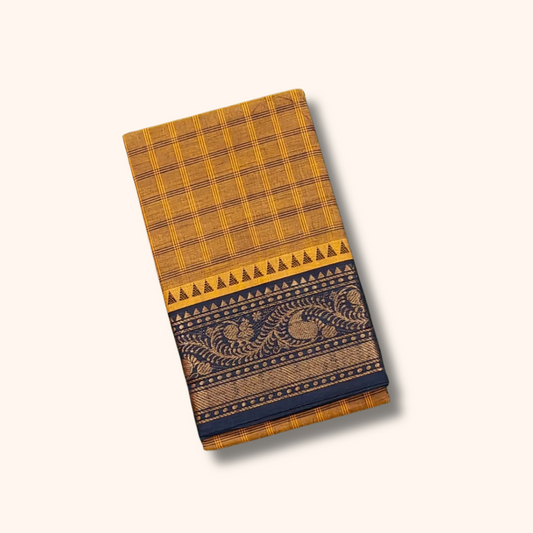 Mustard Brown Chettinad Cotton Saree with Traditional Temple Border