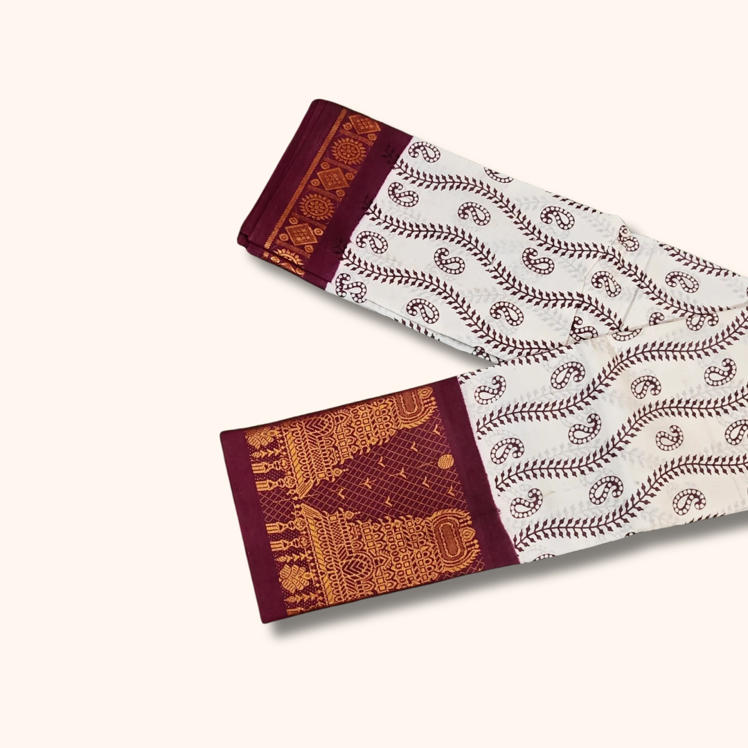 Off White Sungudi Cotton Saree with Maroon Temple Border