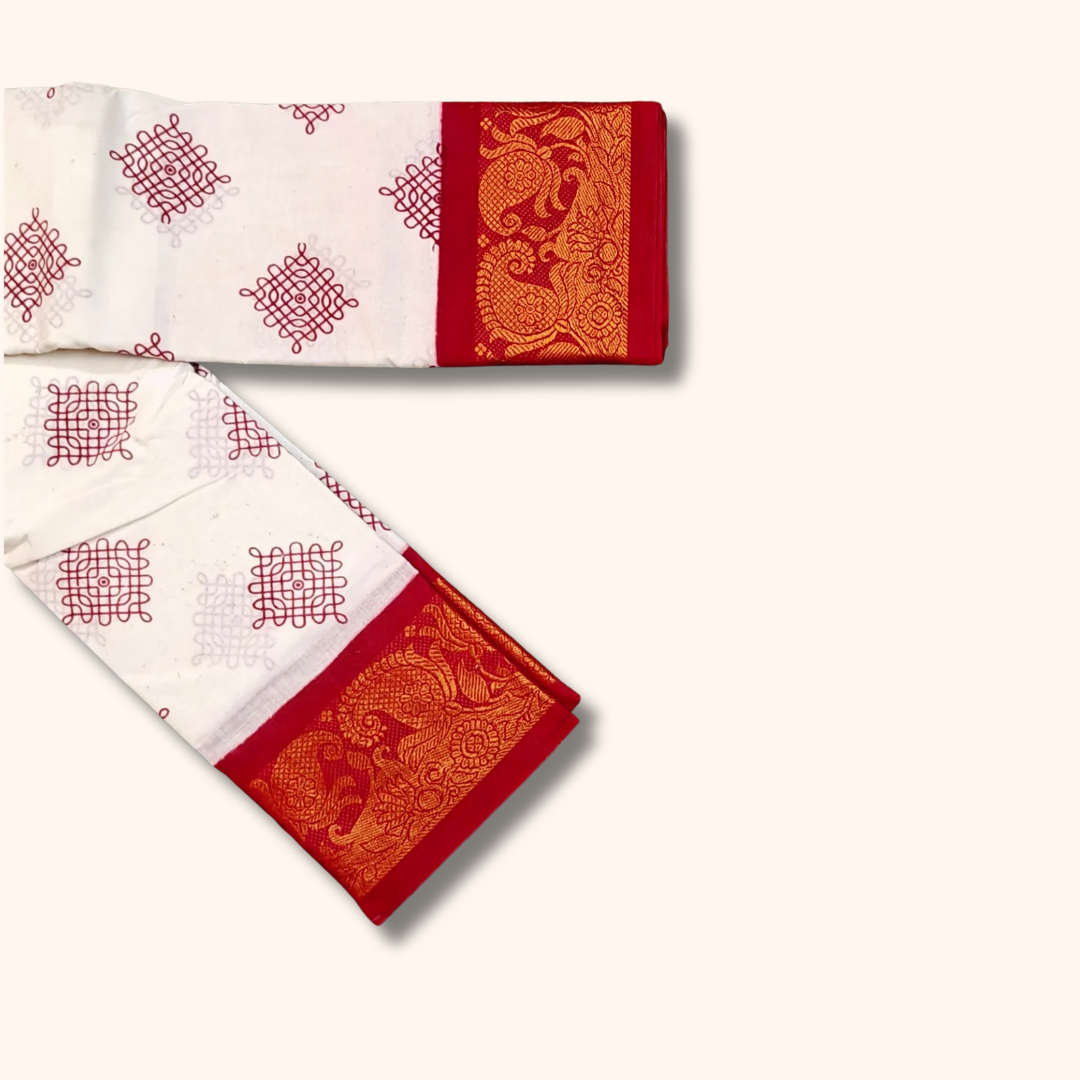 White Kolam Sungudi Cotton Saree with Traditional Woven Border