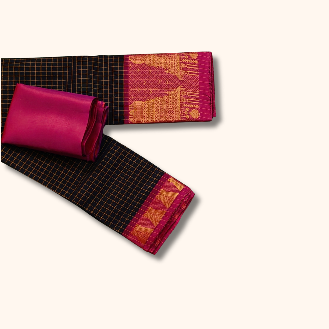 Black Chettinad Cotton Saree with Temple Border & Gold Zari – Separate Blouse Piece