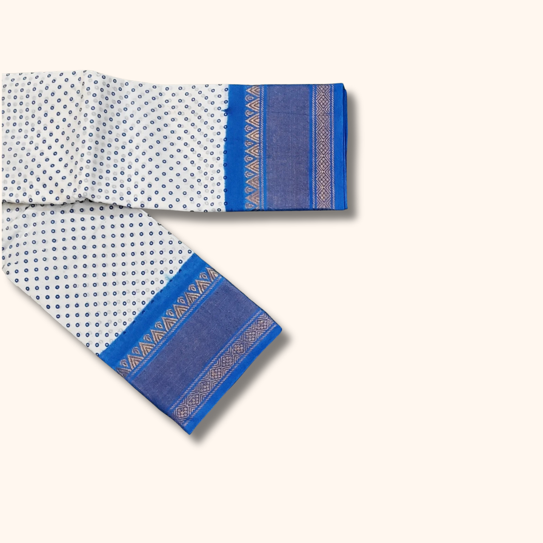 Off White Sungudi Cotton Saree with Sky Blue Border