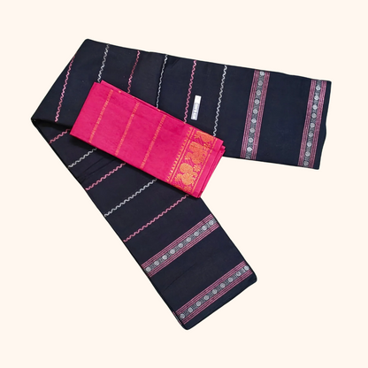 Midnight Blue Cotton Saree with Contrast Pink Blouse