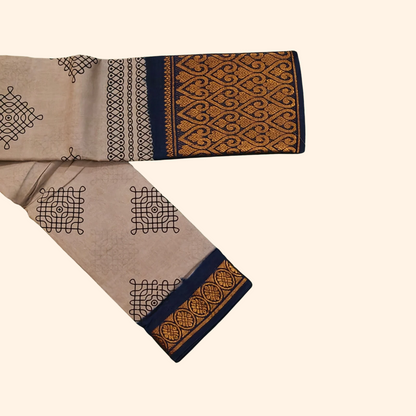 Ash Grey Kolam Cotton Saree with Navy Blue Designer Border