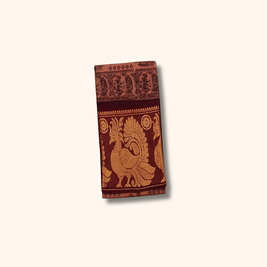 Terracotta Brown Printed Cotton Saree with Maroon Zari Border