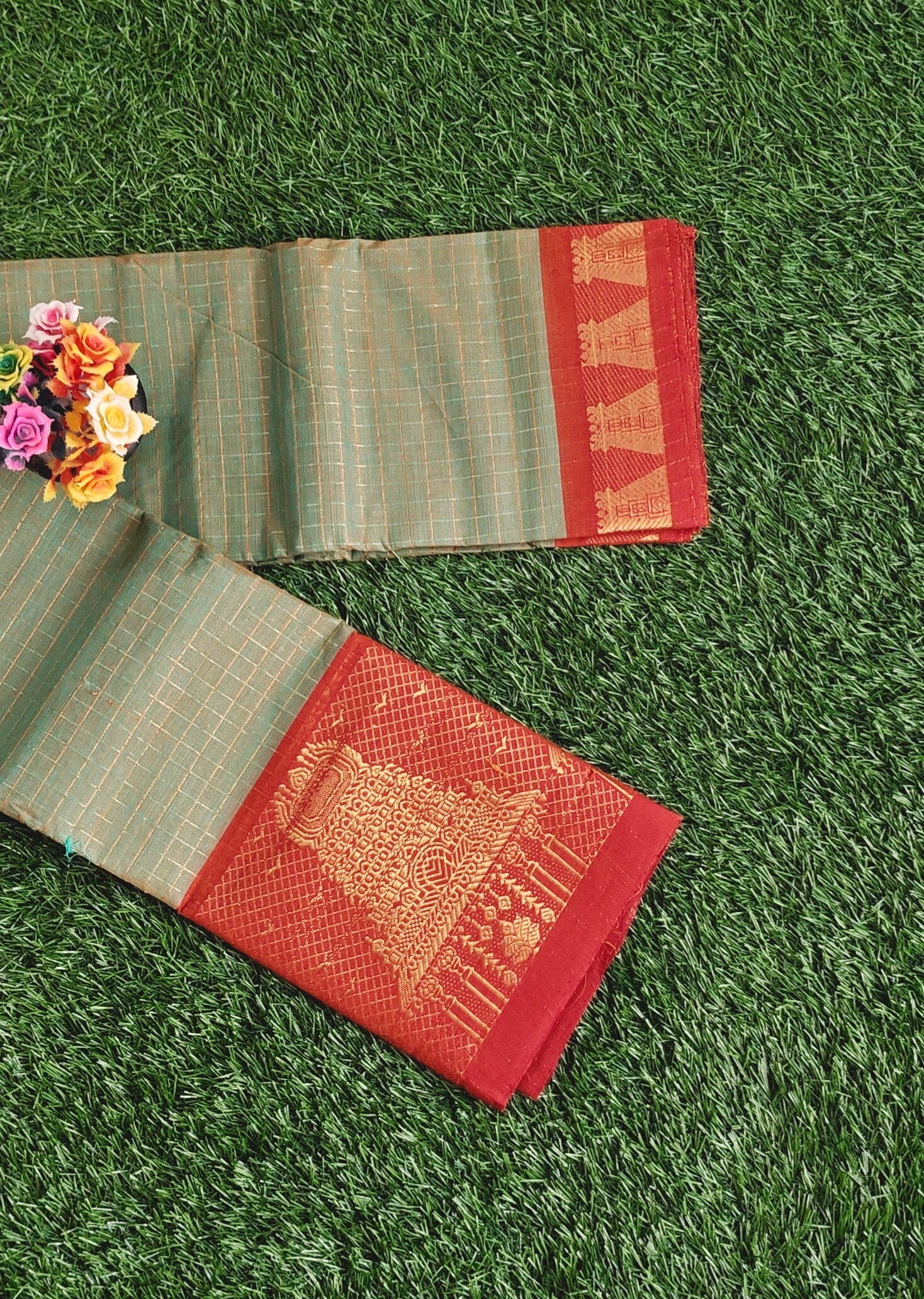 Chettinad Cotton Saree with Meenakshi Gopuram Border – Green Checks with Red Temple Border