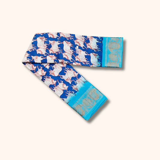 Royal Blue Cow Print Sungudi Cotton Saree with Turquoise Blue Border