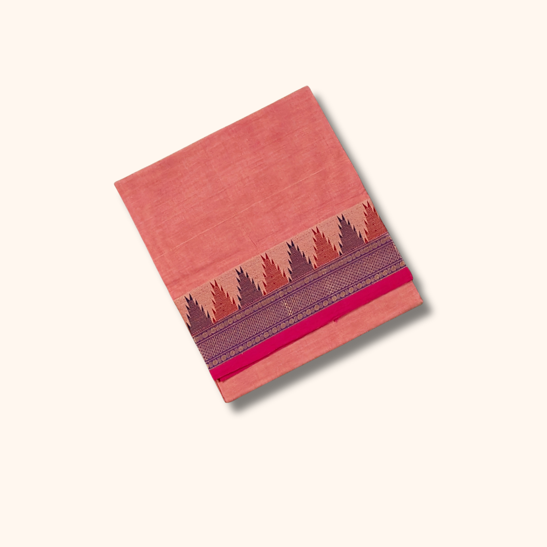 Peach Chettinad Cotton Saree with Pink Temple Border