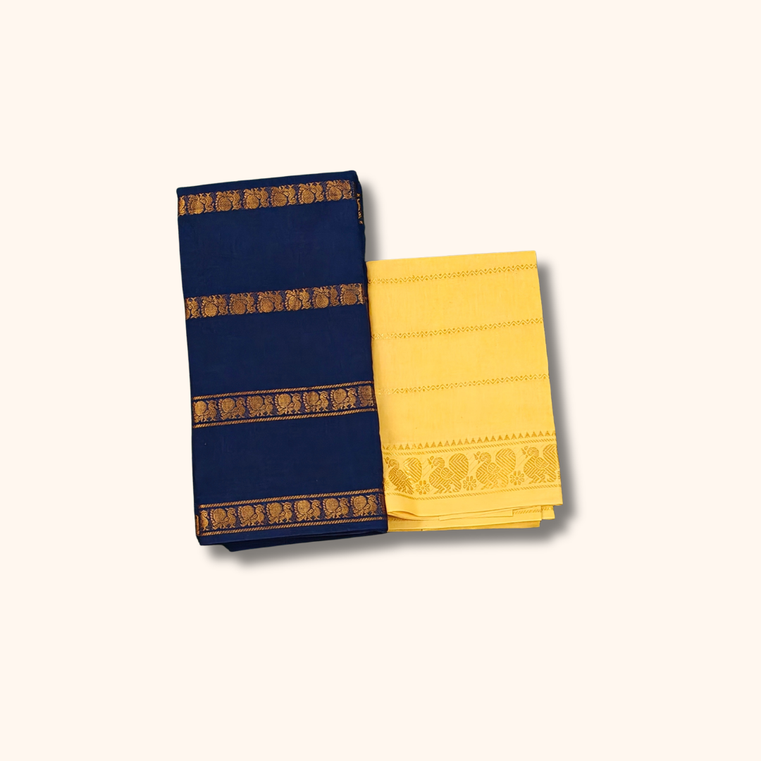 Navy Blue Cotton Saree with Gold Zari Border & Separate Blouse