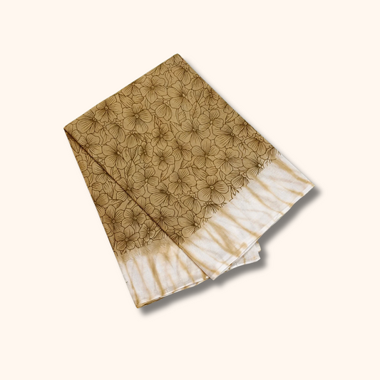 Beige Floral Printed Pure Cotton Saree with White Border