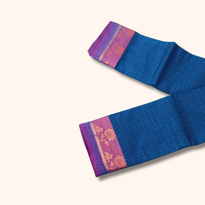 Dark sky Blue Checked Thread Work Zari Chettinad Cotton Saree