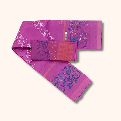 Purple Sungudi Cotton Saree with Multicolor Batik Paisley Design & Matching Blouse Piece