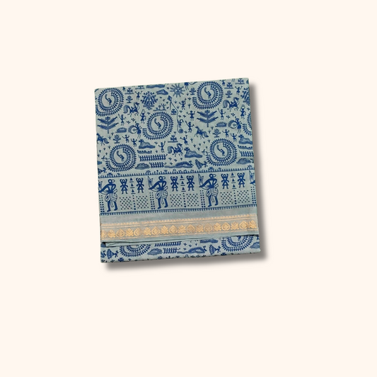 Off White Pure Sungudi Cotton Saree with Blue Tribal Motifs & Double-Sided Border – No Blouse