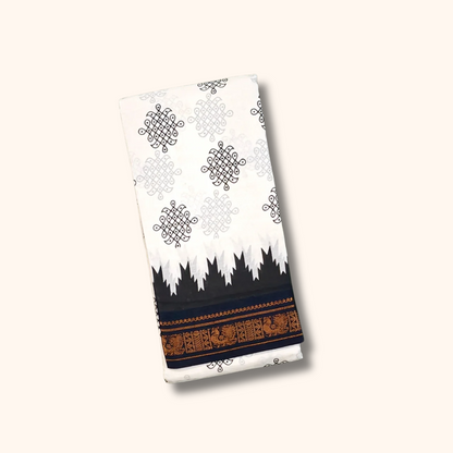 White & Black Kolam Temple Border Sungudi Cotton Saree