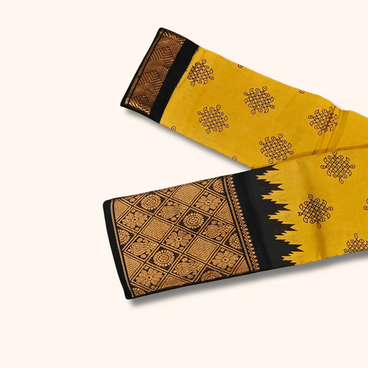 Mustard Yellow Kolam Cotton Saree with Black Rich Pallu
