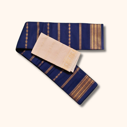 Royal Blue Sungudi Cotton Saree with Gold Woven Stripes & Contrast Cream Blouse Piece