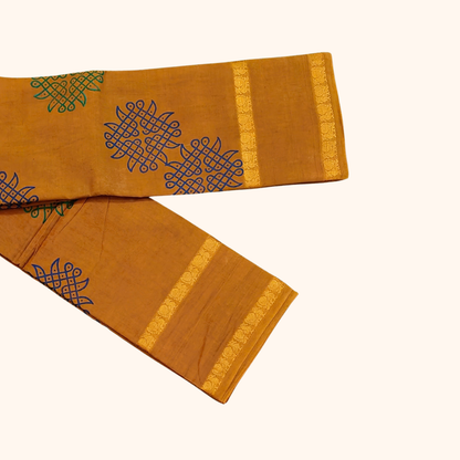 Mustard Yellow Cotton Saree with Traditional Kolam Motifs and Gold Border – Running Blouse