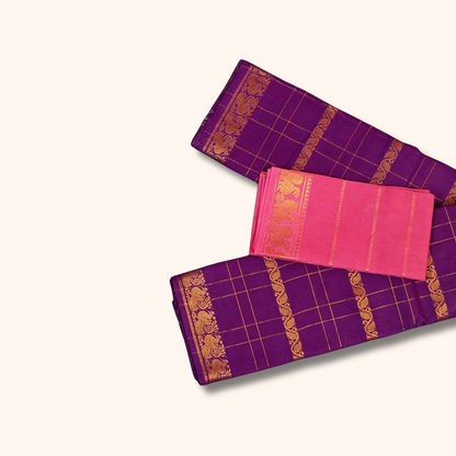 Purple Pure Sungudi Cotton Saree with Gold Zari Checks & Pink Blouse Piece