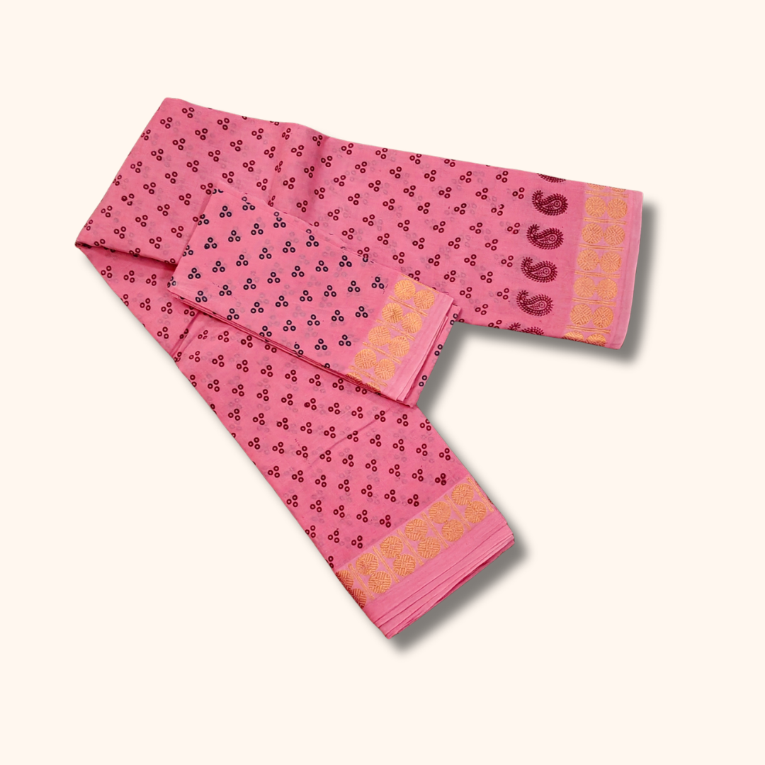Pink Printed Cotton Saree with Contrast Border & Matching Blouse Piece