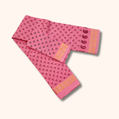 Pink Printed Cotton Saree with Contrast Border & Matching Blouse Piece