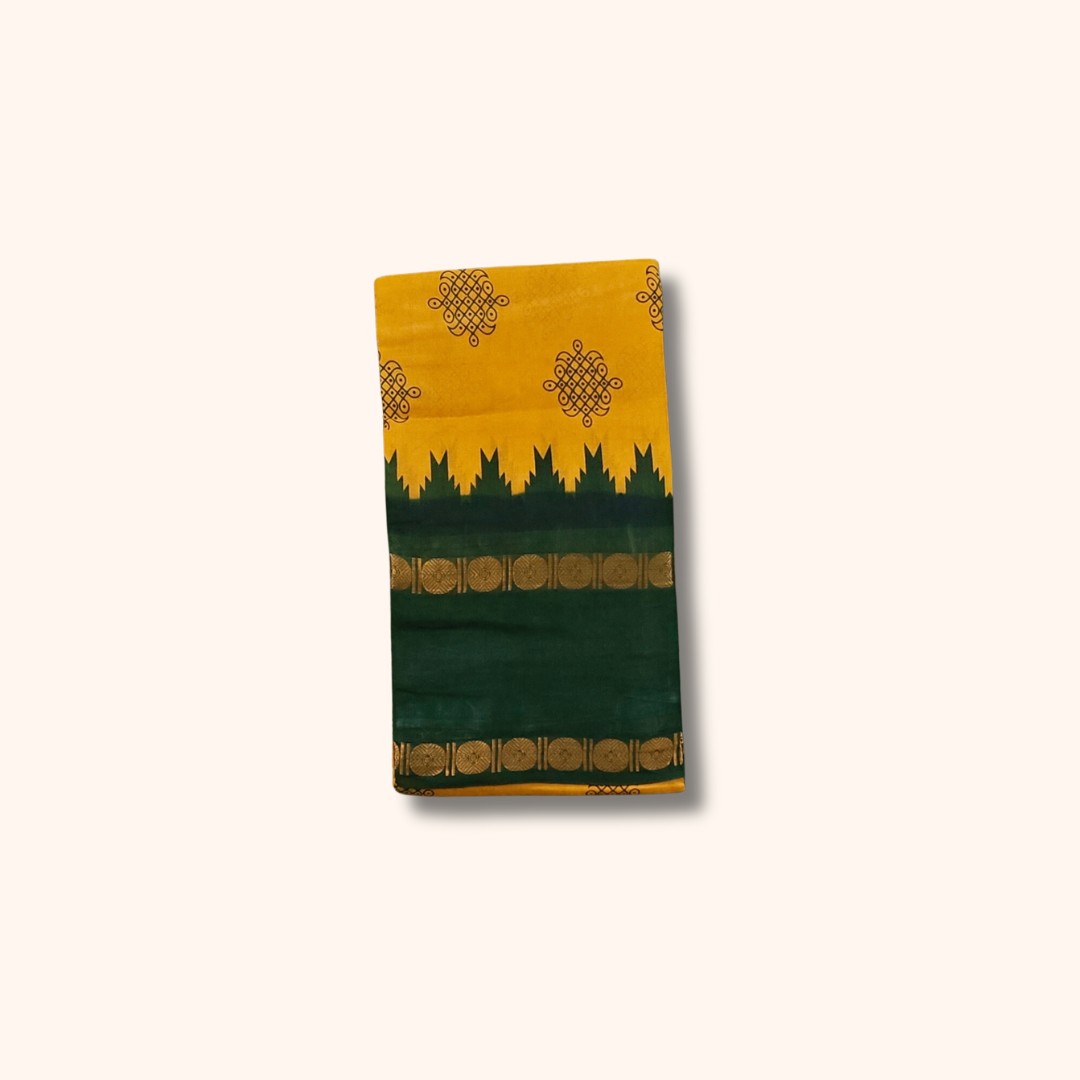 Mustard Yellow Cotton Saree with Dark Green Temple Border – Running Blouse