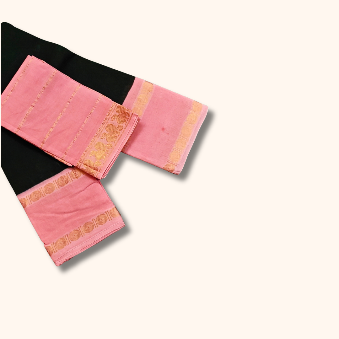 Dark Green and Pink Cotton Saree with Gold Zari Border – Separate Blouse Piece