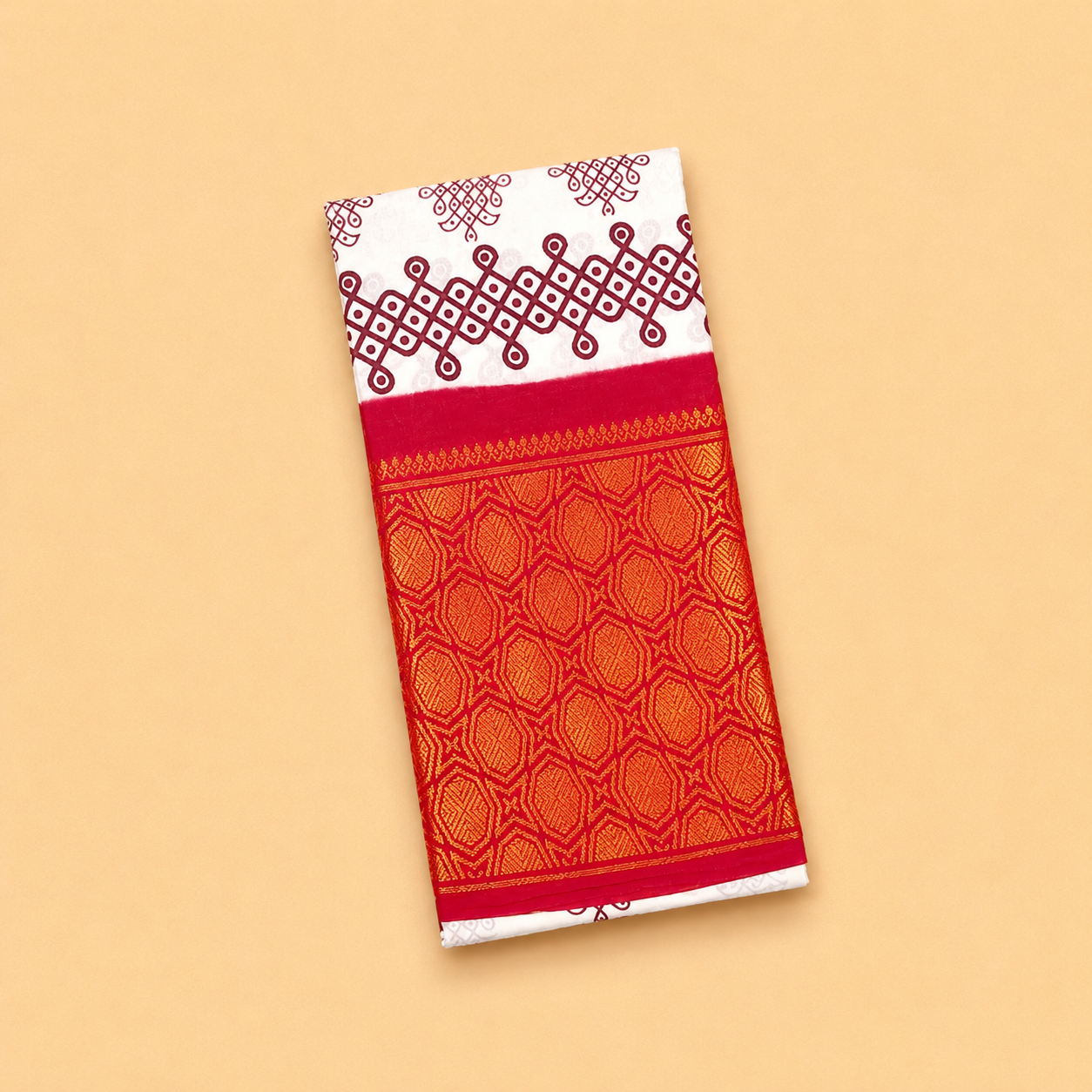 Coral Pink Printed Cotton Saree with Navy Blue Traditional Border