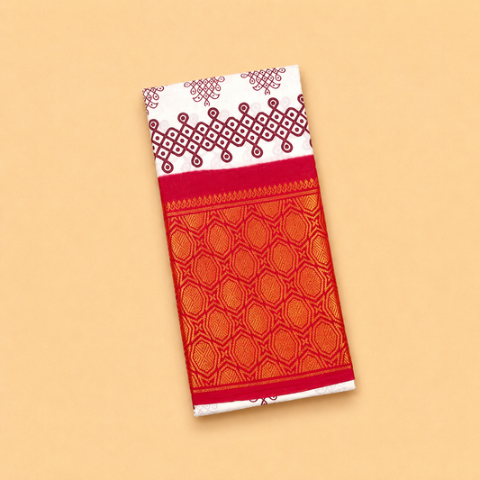 Coral Pink Printed Cotton Saree with Navy Blue Traditional Border