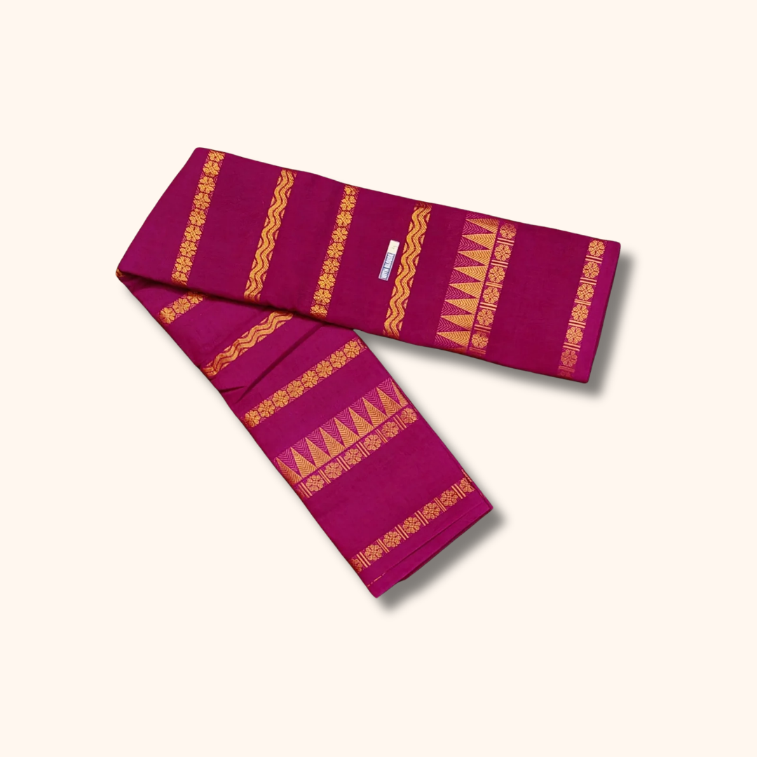 Magenta Cotton Saree with Gold Zari Floral & Geometric Stripes – Separate Blouse