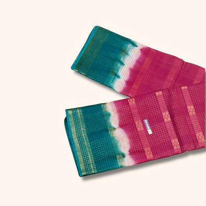 Pink & Peacock Green Sungudi Cotton Running Blouse Saree