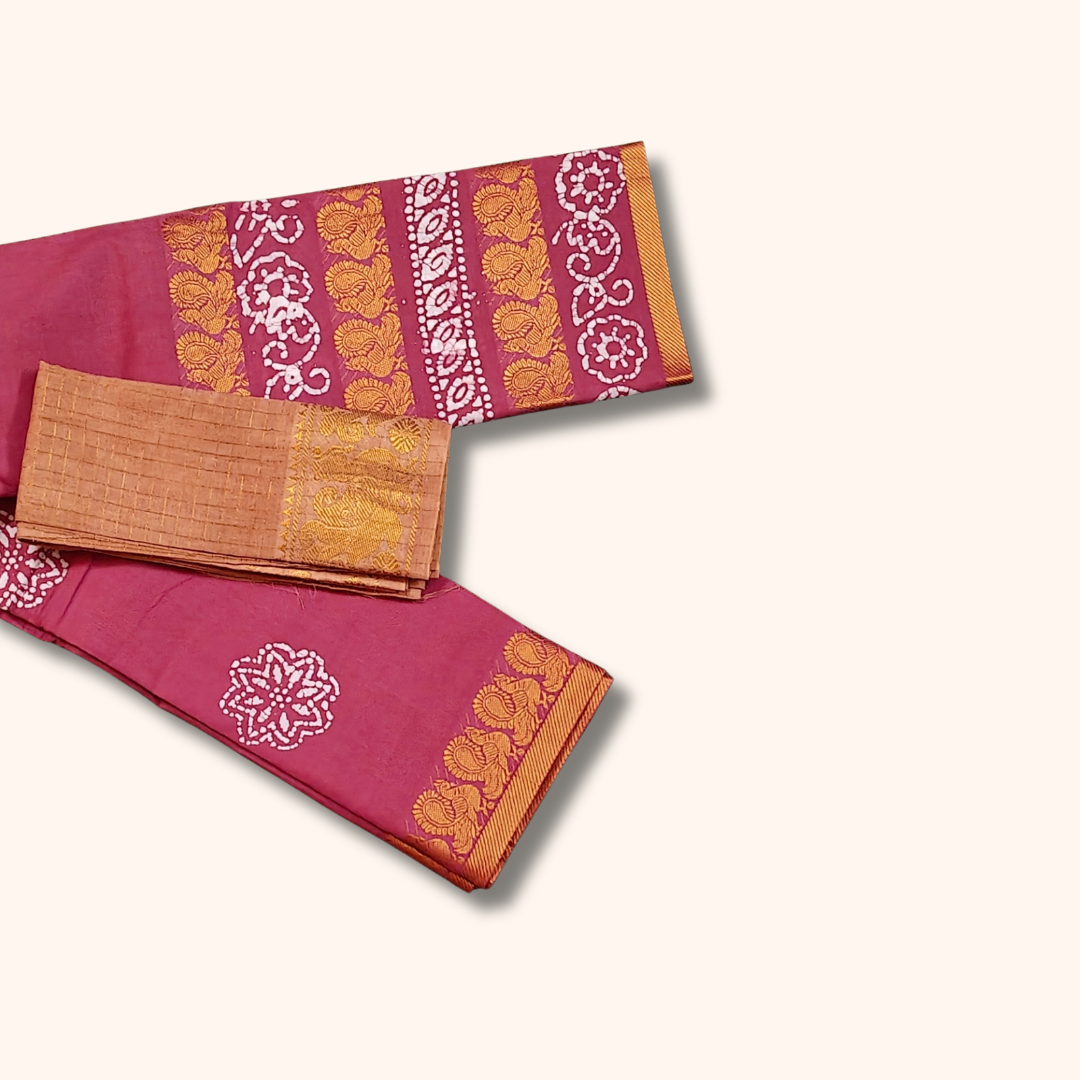 Rosewood Pink Pure Cotton Saree with Contrast Blouse Piece