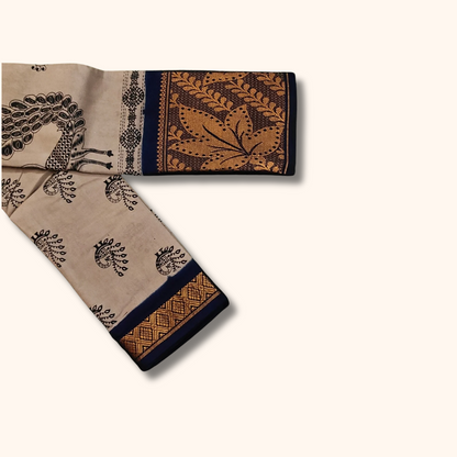 Grey Peacock Printed Sungudi Cotton Saree with Floral Border