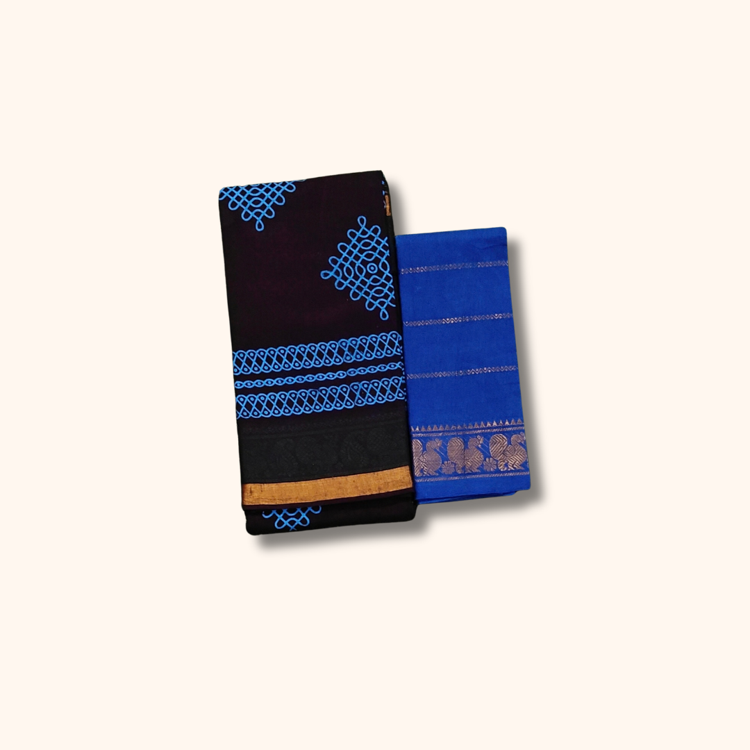Dark Coffee Brown Pure Sungudi Cotton Saree with Blue Kolam Motifs & Gold Zari Border – Separate Blouse Piece