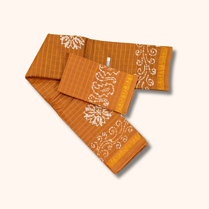 Peach Orange Sungudi Cotton Saree with White Batik Floral Design & Matching Blouse Piece