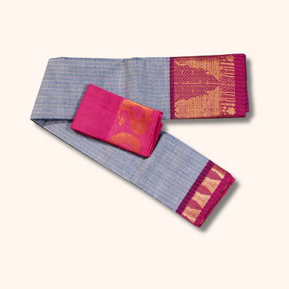 Sky Blue Temple Border Chettinad Cotton Saree with Pink Blouse Piece
