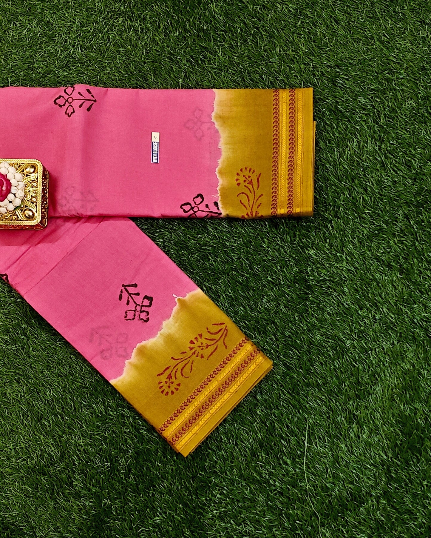 Bright Pink Sungudi Cotton Saree with Mustard Zari Border & Running Blouse