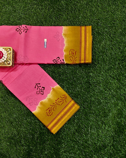 Bright Pink Sungudi Cotton Saree with Mustard Zari Border & Running Blouse