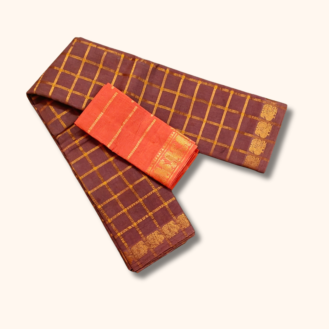 Coffee Brown Checked Saree with Golden Zari Checks & Traditional Motif Border – Separate Blouse Piece