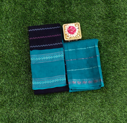 Black & Teal Sungudi Cotton Saree with Separate Blouse