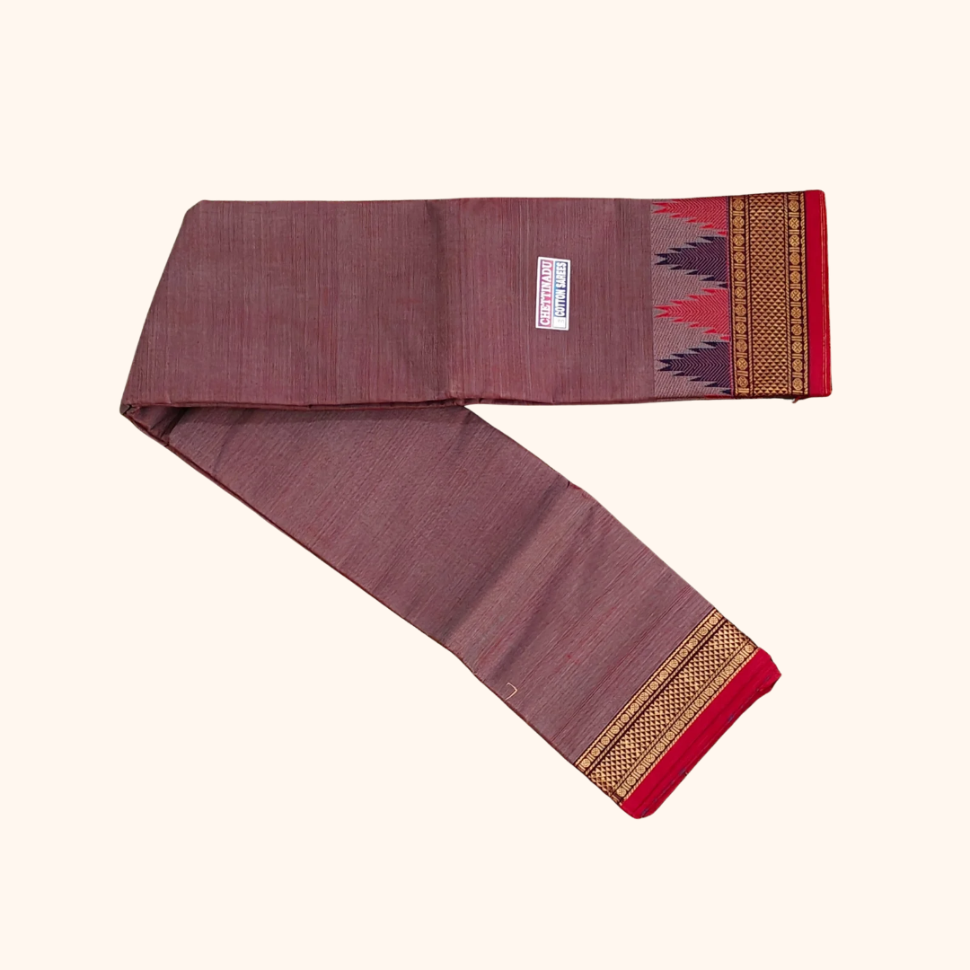 Classic Grey Chettinad Cotton Saree with Traditional Temple Design