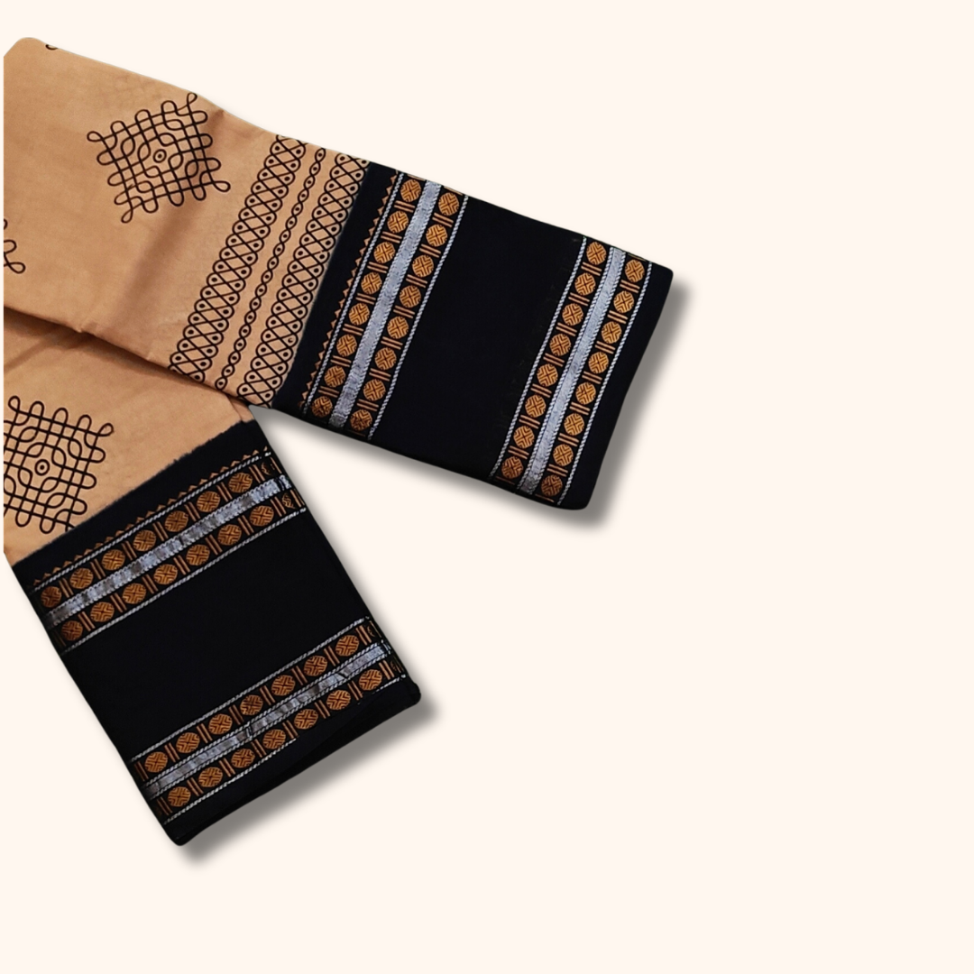 Beige Cotton Saree with Navy Blue Border and Traditional Kolam Motifs – Running Blouse
