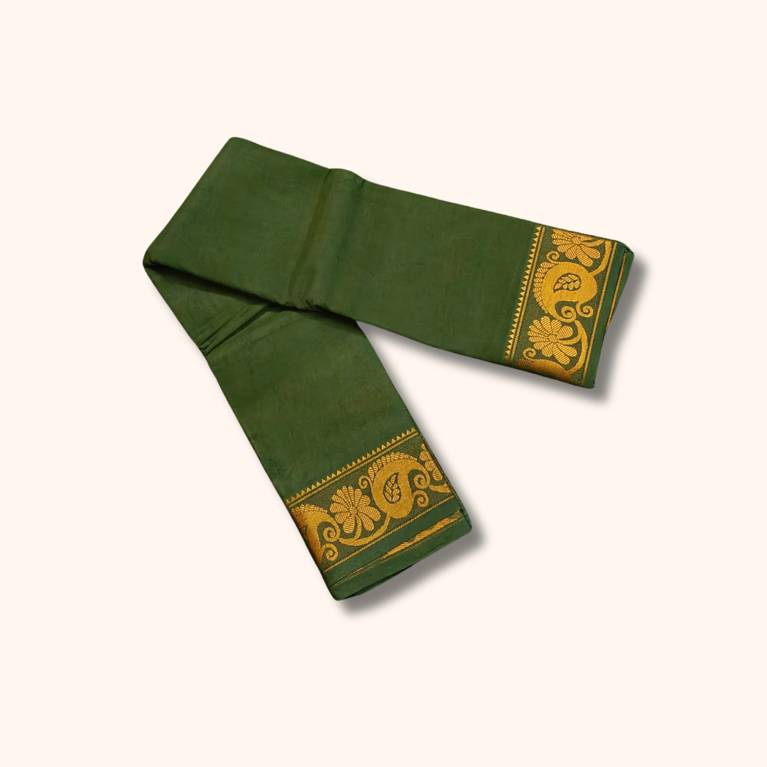 Bottle Green Pure Cotton Saree with Traditional Paisley & Floral Border – Running Blouse